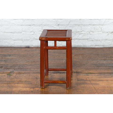Chinese Rustic Early 20th Century Reddish Brown Lacquered Stool with Bamboo Seat-YN3704-8. Asian & Chinese Furniture, Art, Antiques, Vintage Home Décor for sale at FEA Home