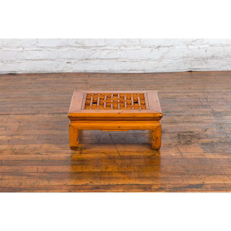 Chinese Vintage Ming Dynasty Style Elmwood Low Prayer Table with Fretwork Top