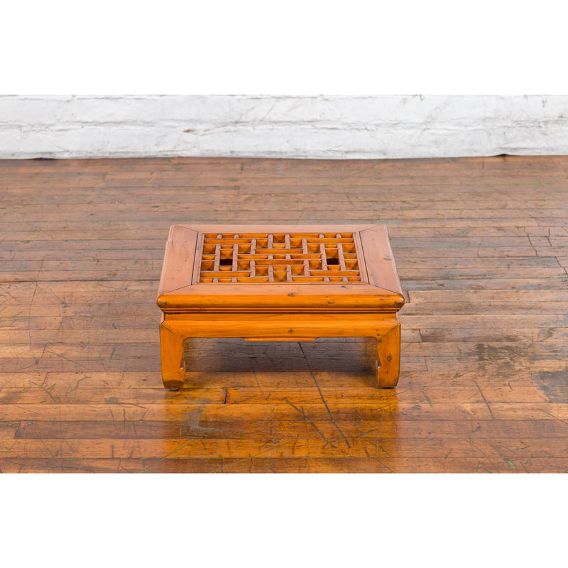 Chinese Vintage Ming Dynasty Style Elmwood Low Prayer Table with Fretwork Top