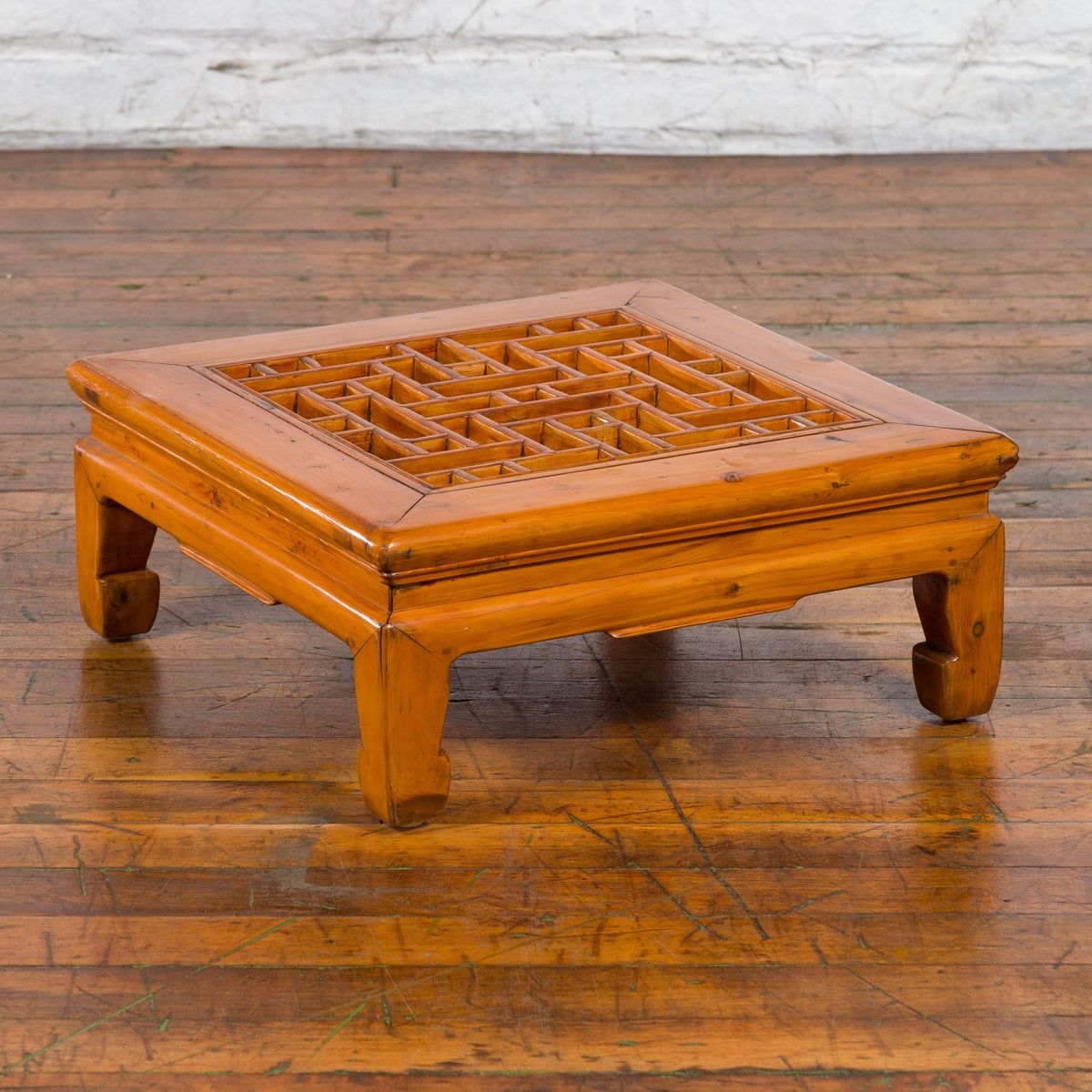 Chinese Vintage Ming Dynasty Style Elmwood Low Prayer Table with Fretwork Top-2. Asian & Chinese Furniture, Art, Antiques, Vintage Home Décor for sale at FEA Home