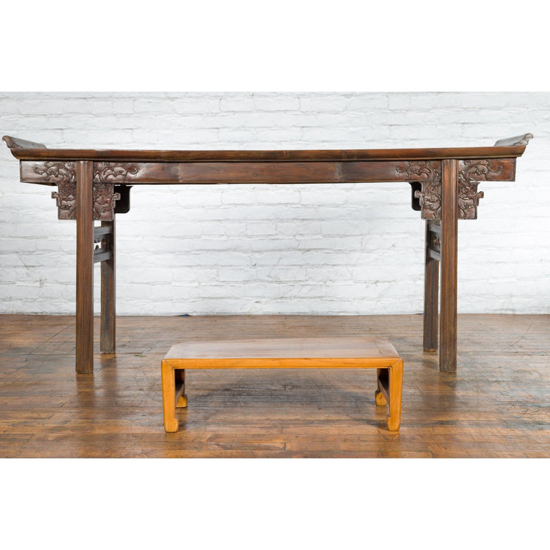 Vintage Chinese Low Kang Table with Horse Hoof Feet and Pierced Sides-YN3770-3. Asian & Chinese Furniture, Art, Antiques, Vintage Home Décor for sale at FEA Home