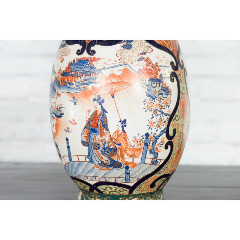 Chinese Arita Style Orange, Blue and Green Vase with Ladies in Landscapes - Antique Chinese and Vintage Asian Furniture for Sale at FEA Home