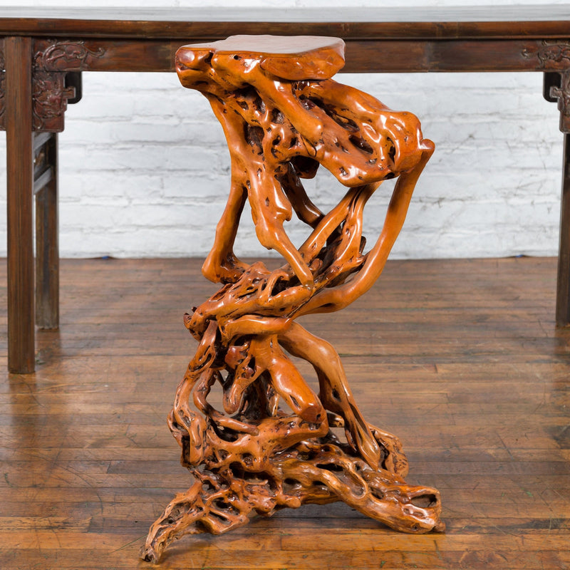Chinese Vintage Pedestal Made from a Tree Root with Natural Lacquer Finish-YN3802-4. Asian & Chinese Furniture, Art, Antiques, Vintage Home Décor for sale at FEA Home