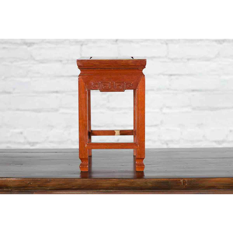 Chinese Vintage Small Stool with Scroll-Carved Apron and Side Stretchers