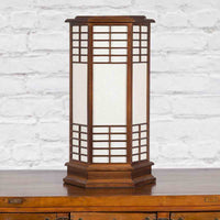 Japanese Vintage Hexagonal Two-Lights Table Lamp with Rice Paper Panels, Wired