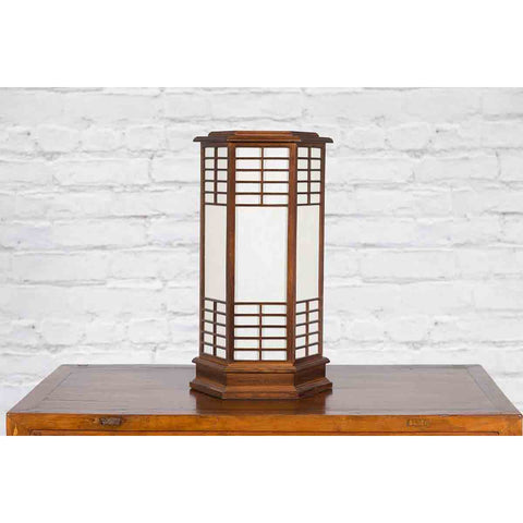 Japanese Vintage Hexagonal Two-Lights Table Lamp with Rice Paper Panels, Wired