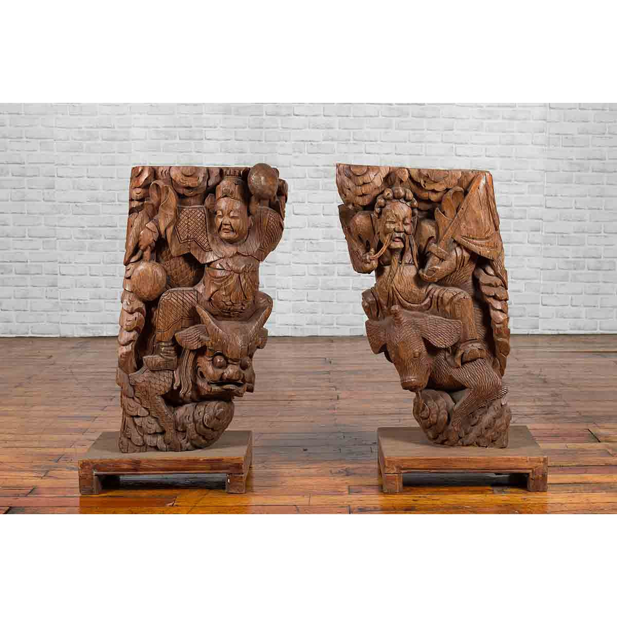 Pair of Chinese 19th Century Hand Carved Wooden Temple Corbels with Warriors-2. Asian & Chinese Furniture, Art, Antiques, Vintage Home Décor for sale at FEA Home