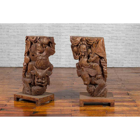 Pair of Chinese 19th Century Hand Carved Wooden Temple Corbels with Warriors-YN3837-11. Asian & Chinese Furniture, Art, Antiques, Vintage Home Décor for sale at FEA Home