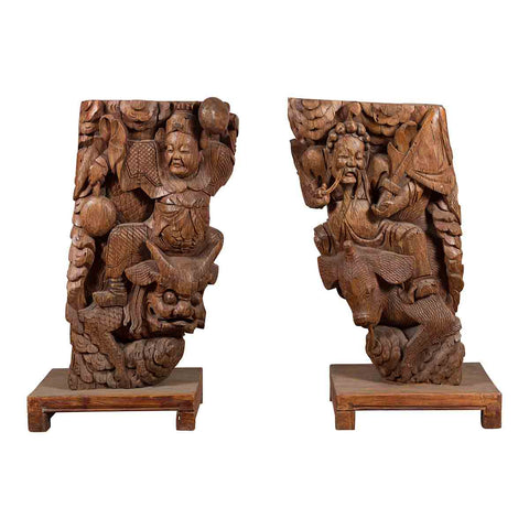 Pair of Chinese 19th Century Hand Carved Wooden Temple Corbels with Warriors-YN3837-1. Asian & Chinese Furniture, Art, Antiques, Vintage Home Décor for sale at FEA Home