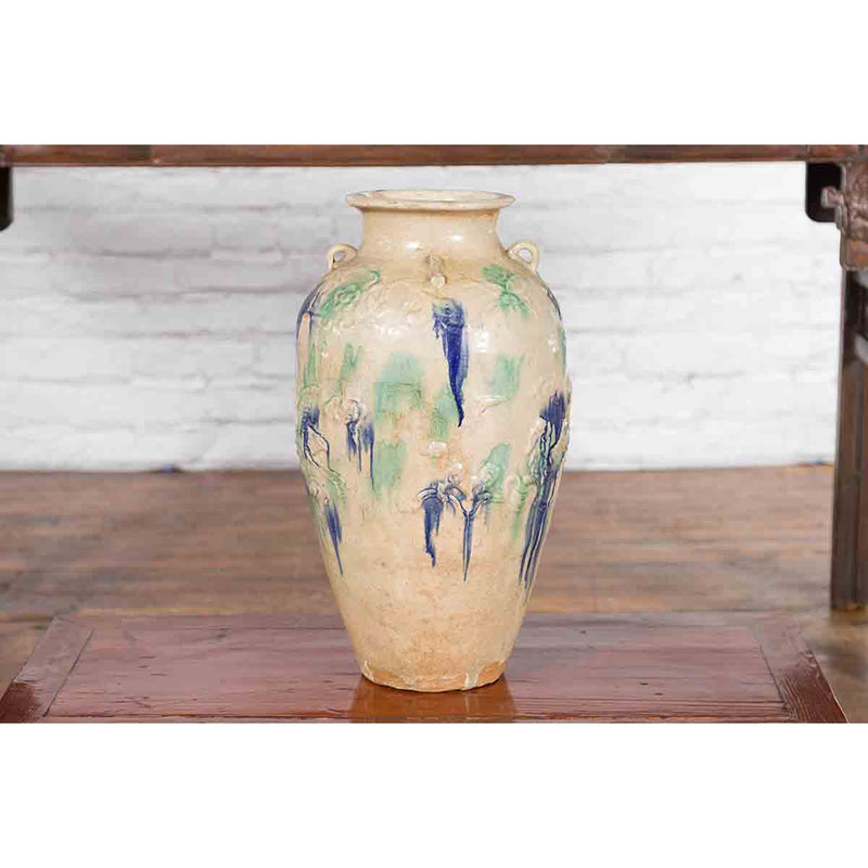 Antique Annamese 19th Century Storage Vessel with Green and Blue Glazed Effects