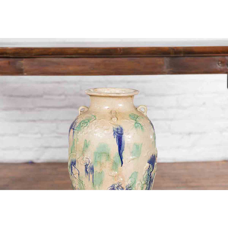 Antique Annamese 19th Century Storage Vessel with Green and Blue Glazed Effects