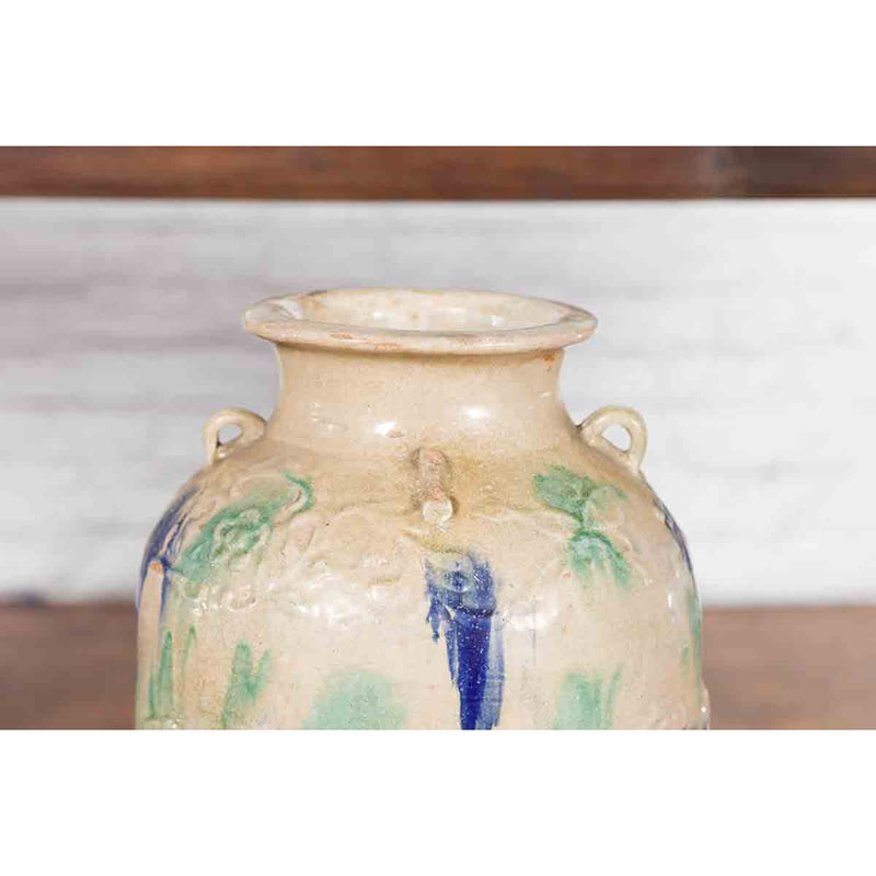 Antique Annamese 19th Century Storage Vessel with Green and Blue Glazed Effects