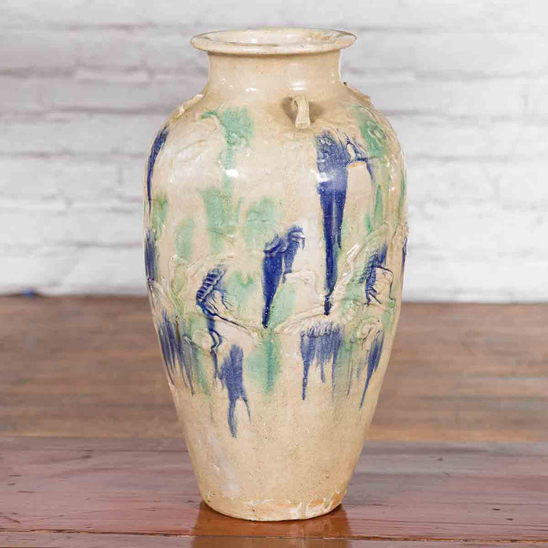 Antique Annamese 19th Century Storage Vessel with Green and Blue Glazed Effects