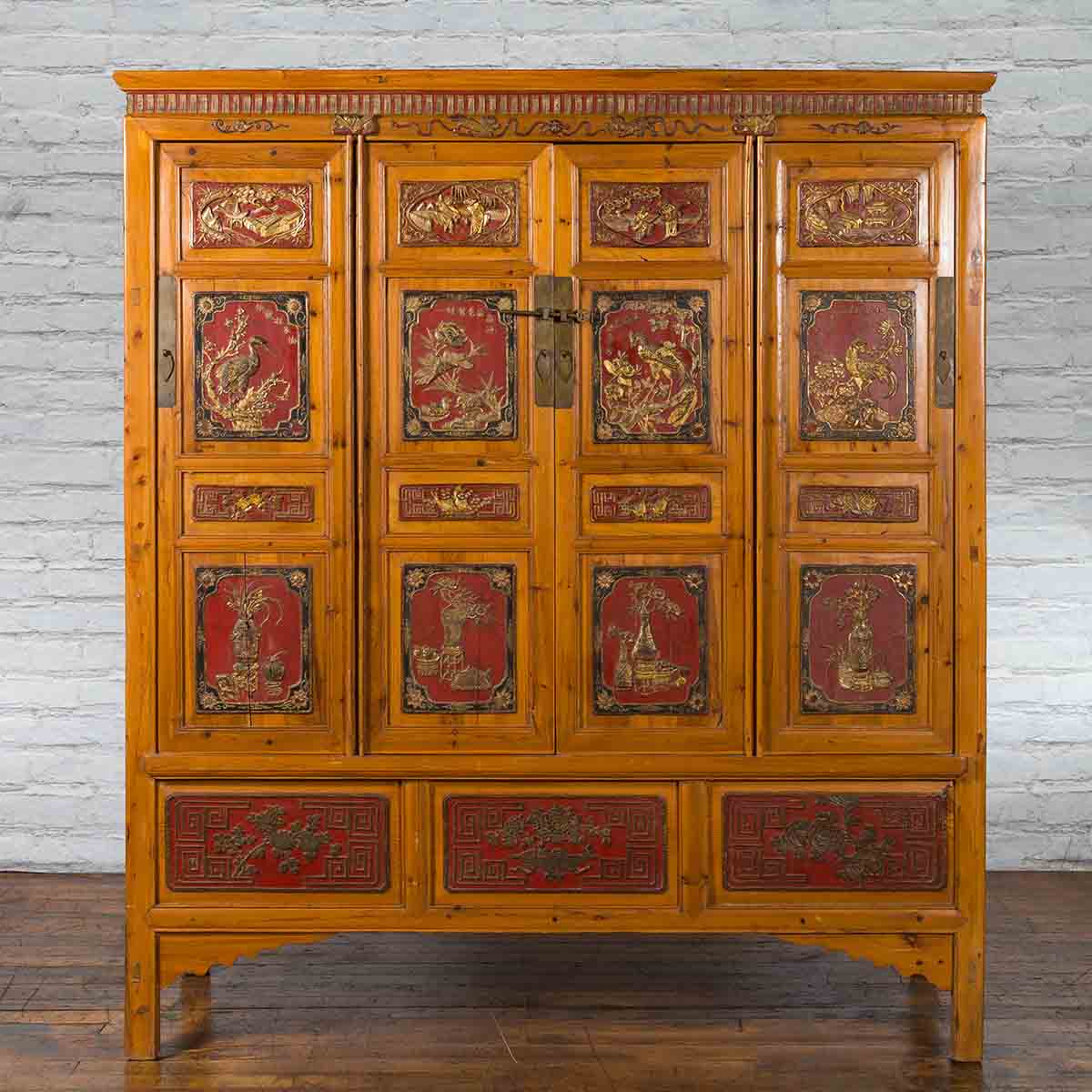 Large Chinese Qing Dynasty 19th Century Cabinet with Hand-Carved and Gilt Panels-2. Asian & Chinese Furniture, Art, Antiques, Vintage Home Décor for sale at FEA Home