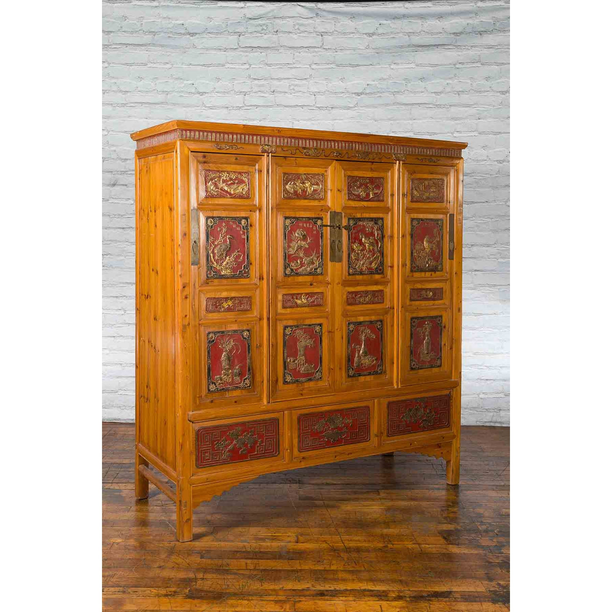 Large Chinese Qing Dynasty 19th Century Cabinet with Hand-Carved and Gilt Panels-3. Asian &amp; Chinese Furniture, Art, Antiques, Vintage Home Décor for sale at FEA Home