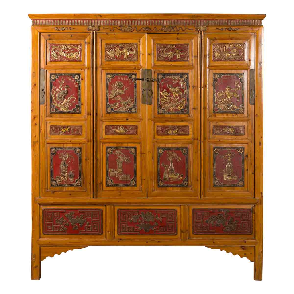 Large Chinese Qing Dynasty 19th Century Cabinet with Hand-Carved and Gilt Panels-1. Asian & Chinese Furniture, Art, Antiques, Vintage Home Décor for sale at FEA Home
