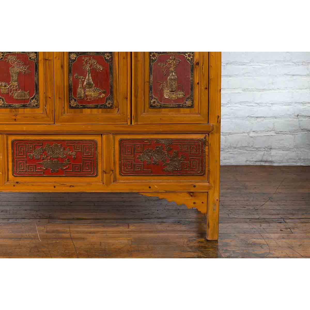 Large Chinese Qing Dynasty 19th Century Cabinet with Hand-Carved and Gilt Panels-12. Asian &amp; Chinese Furniture, Art, Antiques, Vintage Home Décor for sale at FEA Home