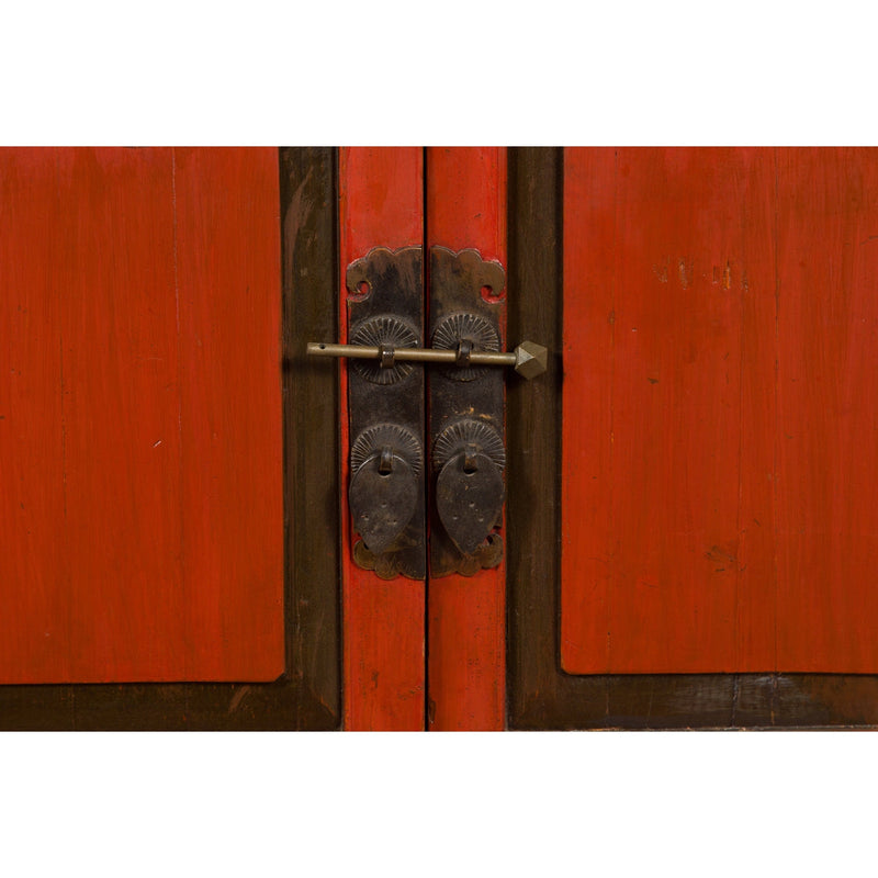 Vintage Chinese Red Lacquer Small Cabinet with Dark Accents and Cabriole Legs-11. Asian & Chinese Furniture, Art, Antiques, Vintage Home Décor for sale at FEA Home