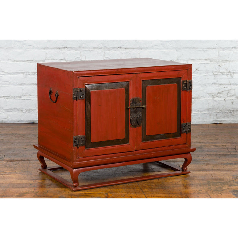 Vintage Chinese Red Lacquer Small Cabinet with Dark Accents and Cabriole Legs-12. Asian & Chinese Furniture, Art, Antiques, Vintage Home Décor for sale at FEA Home