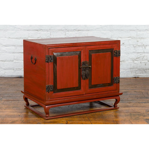 Vintage Chinese Red Lacquer Small Cabinet with Dark Accents and Cabriole Legs-12. Asian & Chinese Furniture, Art, Antiques, Vintage Home Décor for sale at FEA Home