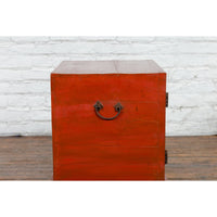 Vintage Chinese Red Lacquer Small Cabinet with Dark Accents and Cabriole Legs