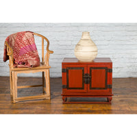 Vintage Chinese Red Lacquer Small Cabinet with Dark Accents and Cabriole Legs