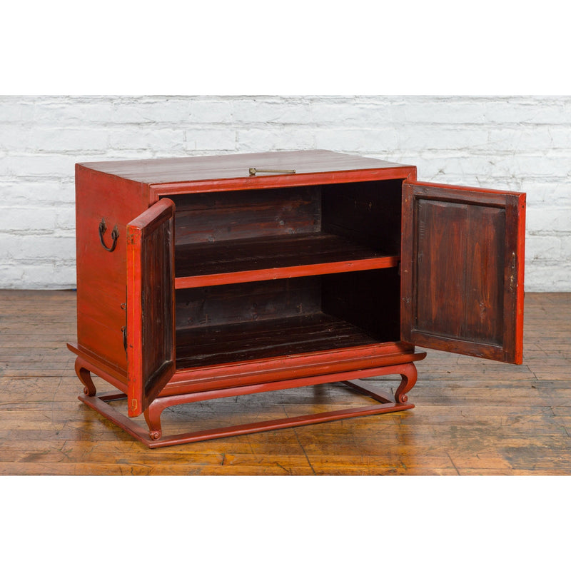Vintage Chinese Red Lacquer Small Cabinet with Dark Accents and Cabriole Legs-3. Asian & Chinese Furniture, Art, Antiques, Vintage Home Décor for sale at FEA Home