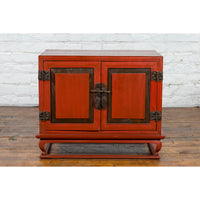 Vintage Chinese Red Lacquer Small Cabinet with Dark Accents and Cabriole Legs