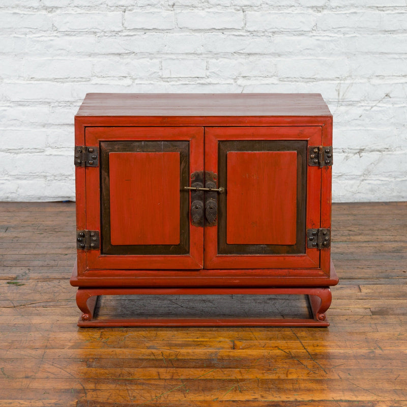 Vintage Chinese Red Lacquer Small Cabinet with Dark Accents and Cabriole Legs-5. Asian & Chinese Furniture, Art, Antiques, Vintage Home Décor for sale at FEA Home