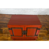 Vintage Chinese Red Lacquer Small Cabinet with Dark Accents and Cabriole Legs