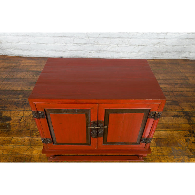 Vintage Chinese Red Lacquer Small Cabinet with Dark Accents and Cabriole Legs-6. Asian & Chinese Furniture, Art, Antiques, Vintage Home Décor for sale at FEA Home