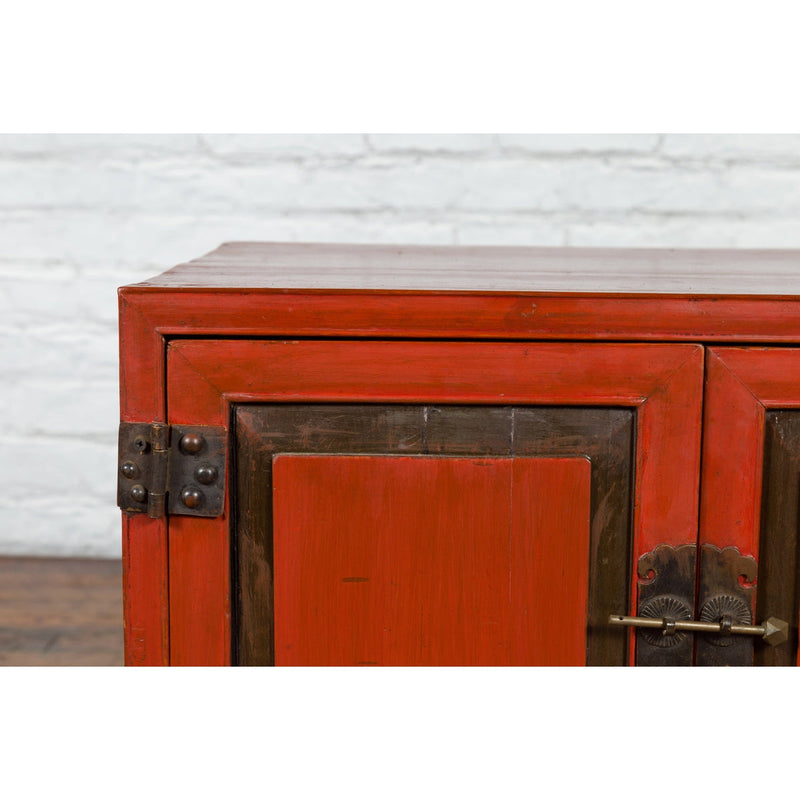 Vintage Chinese Red Lacquer Small Cabinet with Dark Accents and Cabriole Legs-7. Asian & Chinese Furniture, Art, Antiques, Vintage Home Décor for sale at FEA Home