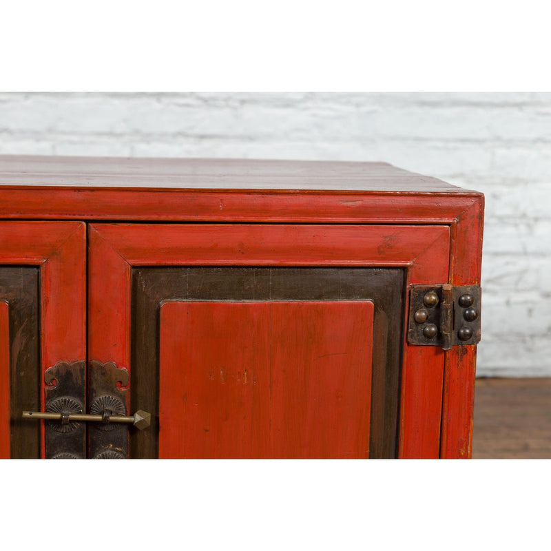 Vintage Chinese Red Lacquer Small Cabinet with Dark Accents and Cabriole Legs-8. Asian & Chinese Furniture, Art, Antiques, Vintage Home Décor for sale at FEA Home