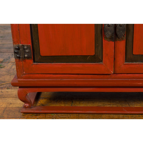 Vintage Chinese Red Lacquer Small Cabinet with Dark Accents and Cabriole Legs-9. Asian & Chinese Furniture, Art, Antiques, Vintage Home Décor for sale at FEA Home