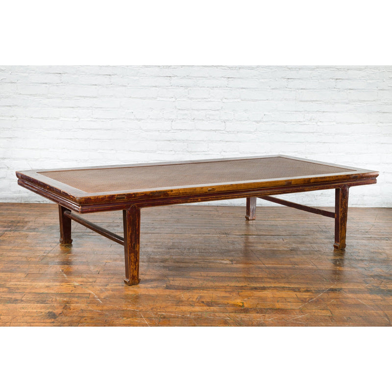 Chinese Qing Dynasty Elm Opium Bed Coffee Table with Rattan Top and Distressing - Antique Chinese and Vintage Asian Furniture for Sale at FEA Home
