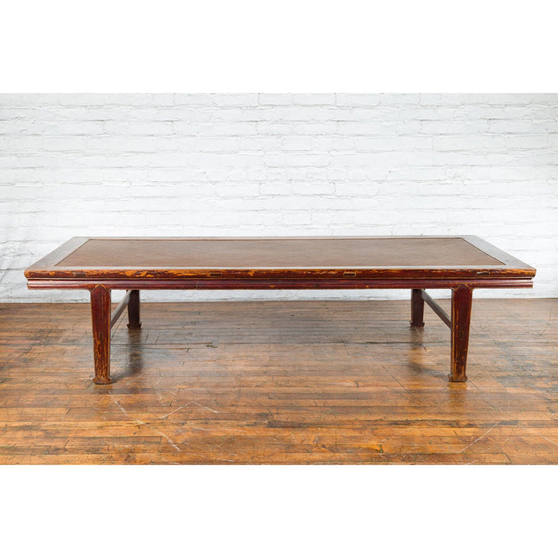 Chinese Qing Dynasty Elm Opium Bed Coffee Table with Rattan Top and Distressing - Antique Chinese and Vintage Asian Furniture for Sale at FEA Home
