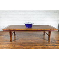 Chinese Qing Dynasty Elm Opium Bed Coffee Table with Rattan Top and Distressing