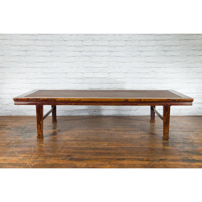 Chinese Qing Dynasty Elm Opium Bed Coffee Table with Rattan Top and Distressing - Antique Chinese and Vintage Asian Furniture for Sale at FEA Home