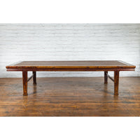 Chinese Qing Dynasty Elm Opium Bed Coffee Table with Rattan Top and Distressing