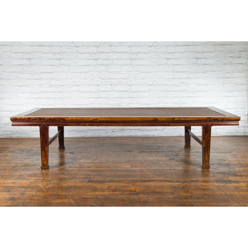 Chinese Qing Dynasty Elm Opium Bed Coffee Table with Rattan Top and Distressing - Antique Chinese and Vintage Asian Furniture for Sale at FEA Home