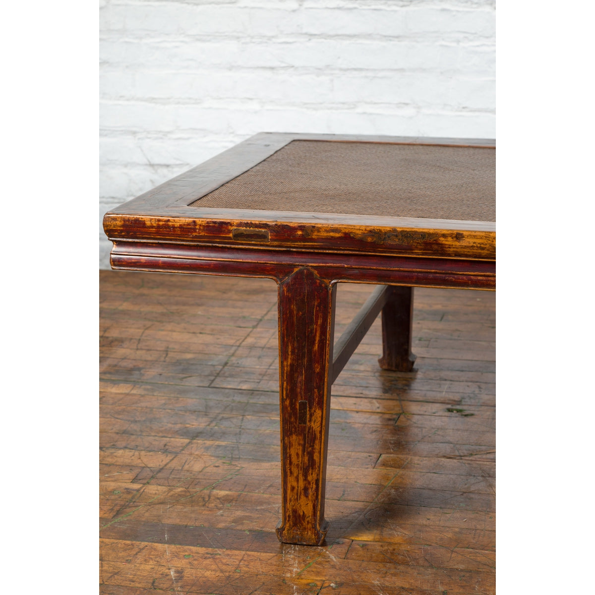 Chinese Qing Dynasty Elm Opium Bed Coffee Table with Rattan Top and Distressing-5. Asian &amp; Chinese Furniture, Art, Antiques, Vintage Home Décor for sale at FEA Home