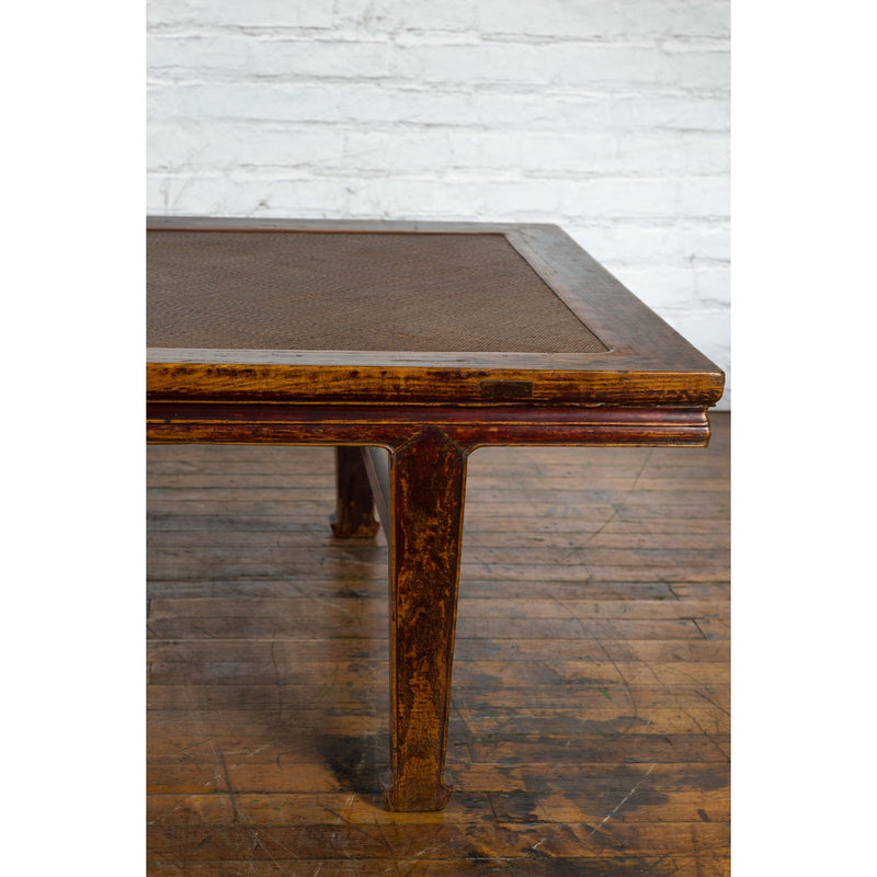 Chinese Qing Dynasty Elm Opium Bed Coffee Table with Rattan Top and Distressing - Antique Chinese and Vintage Asian Furniture for Sale at FEA Home