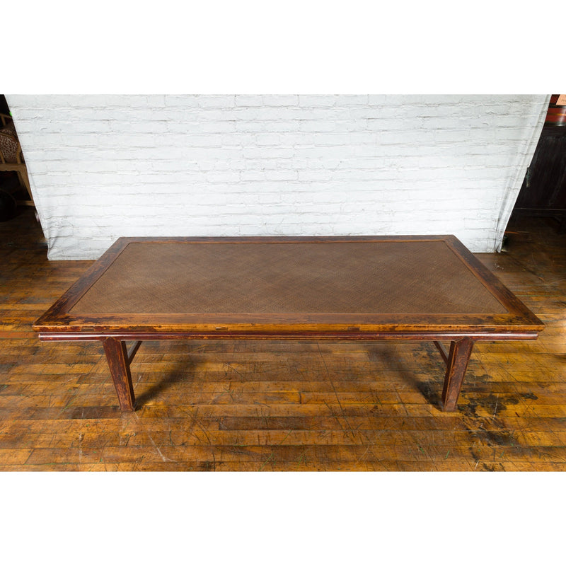 Chinese Qing Dynasty Elm Opium Bed Coffee Table with Rattan Top and Distressing - Antique Chinese and Vintage Asian Furniture for Sale at FEA Home