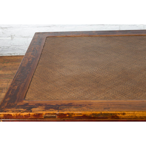 Chinese Qing Dynasty Elm Opium Bed Coffee Table with Rattan Top and Distressing - Antique Chinese and Vintage Asian Furniture for Sale at FEA Home