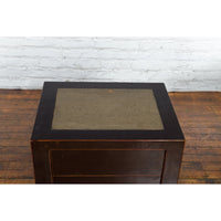Pair of Antique Chinese Black Lacquer Bedside Cabinets with Ming Dynasty Tops