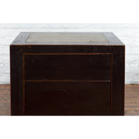 Pair of Antique Chinese Black Lacquer Bedside Cabinets with Ming Dynasty Tops