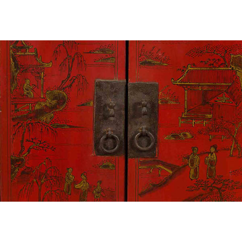 Chinese Qing Dynasty 19th Century Red Lacquer Cabinet with Chinoiserie Décor