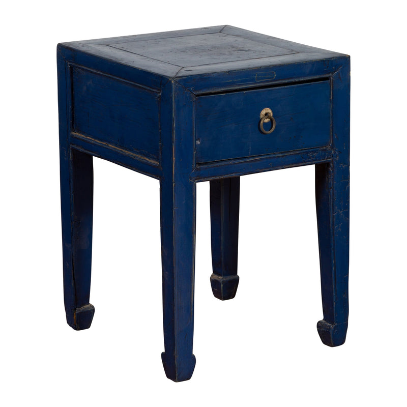 Chinese Ming Dynasty Style Single Drawer Blue Lacquer Table with Horse Hoof Legs - Antique Chinese and Vintage Asian Furniture for Sale at FEA Home