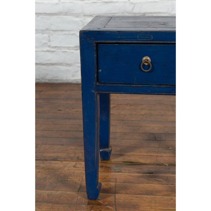 Chinese Ming Dynasty Style Single Drawer Blue Lacquer Table with Horse Hoof Legs - Antique Chinese and Vintage Asian Furniture for Sale at FEA Home