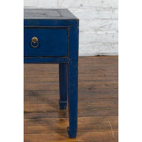 Chinese Ming Dynasty Style Single Drawer Blue Lacquer Table with Horse Hoof Legs